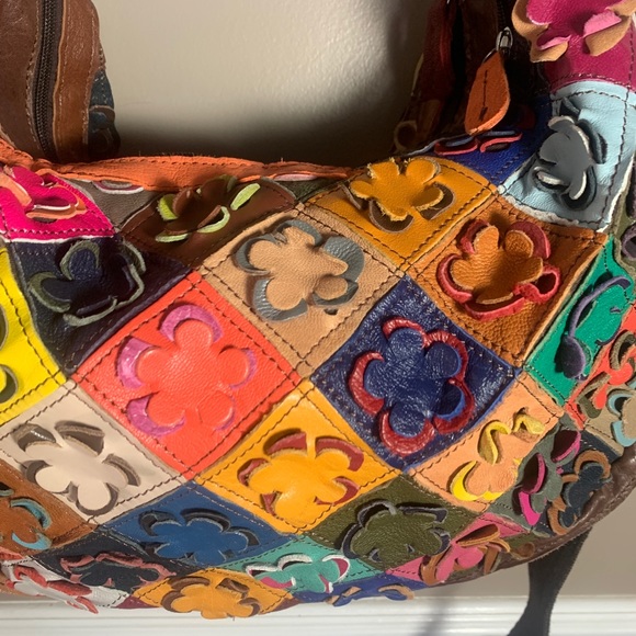 Leather Floret Patchwork Boho Slouch Handbag - Picture 2 of 7
